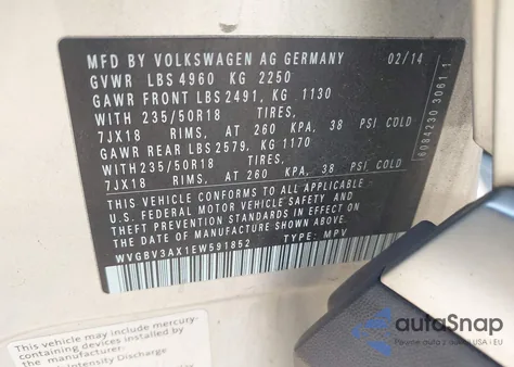 2014 Volkswagen Tiguan Sel из США, поврежденный, VIN WVGBV3AX1EW591852